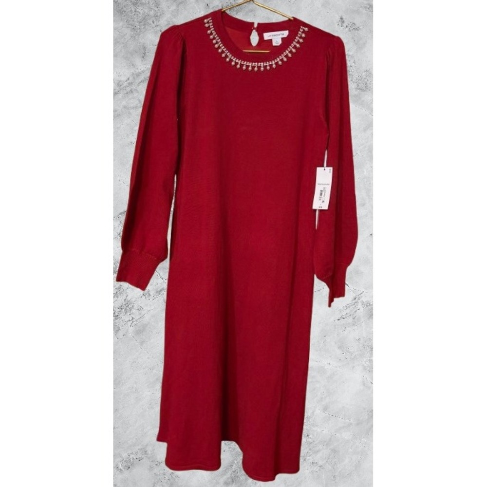 Liz Claiborne Red Pearl Rhinestone Embellished Sweater Dress Womens Large NWT